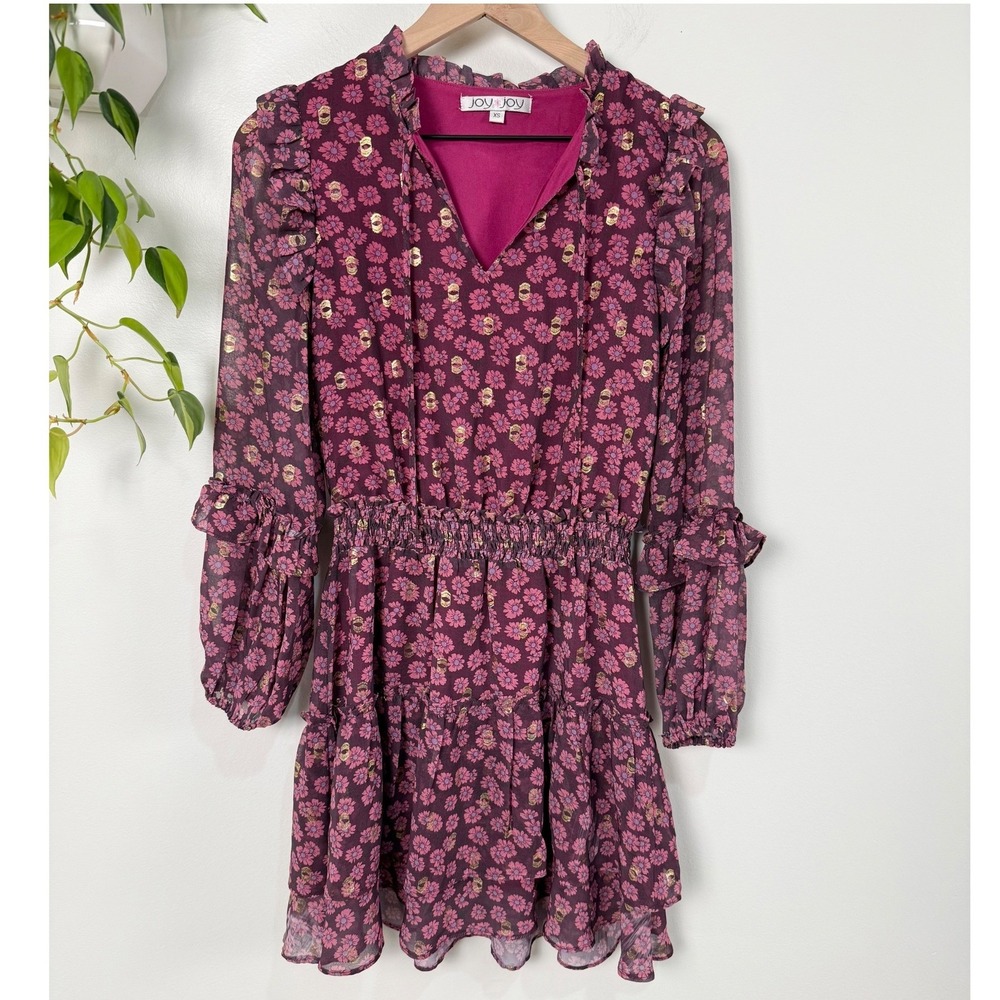 Joy Joy Womens XS Plum Purple Floral Metallic Gold Ruffle Tiered Mini Dress